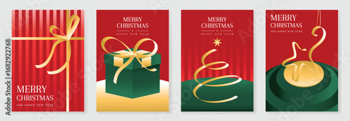 Christmas and Happy Holidays poster vector set. Modern new year card template with christmas tree, gift, ribbon on red gradient background. Design for cover, website, promotion, ads.