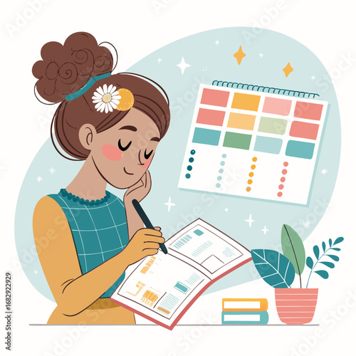 Illustrated woman with a flower in her hair writing in a journal or planner.