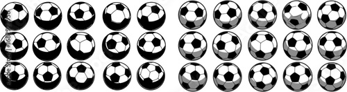 Set of sixteen monochrome soccer balls. Football or soccer related. Collection symbol of football
