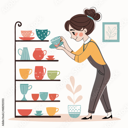 Illustration of a woman arranging her collection of colorful cups on a shelf.