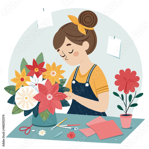 Illustration of a Woman Crafting a Beautiful Paper Flower Bouquet.