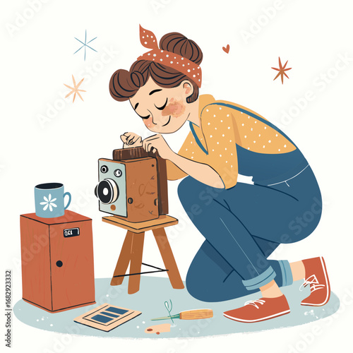 Illustration of a woman in retro style repairing a vintage camera.