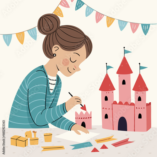 Illustration of a woman making a handmade castle.