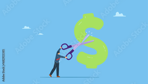 Businessman cut dollar sign metaphor of cut expense. Reduce budget, interest rate or loan debt decrease, investment reduction in recession or financial problem crisis, tax payment.