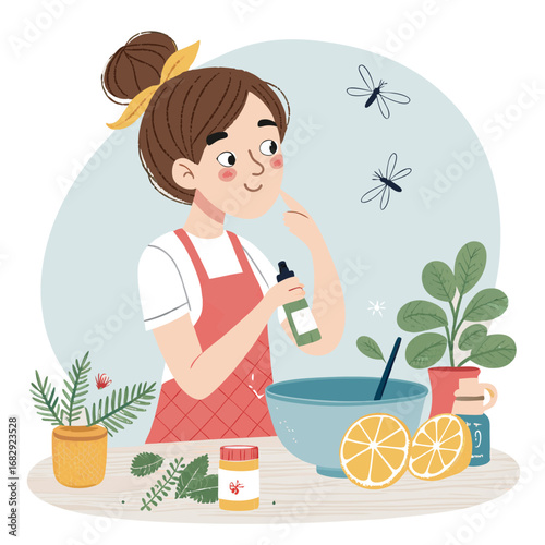 Illustration of a woman making homemade natural mosquito repellent spray.