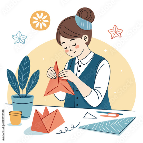 Illustration of a Woman Making Origami Crafts at a Table.