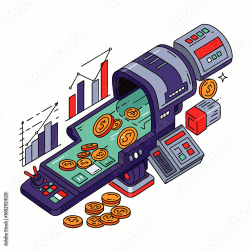 Valokuva This innovative isometric illustration depicts a futuristic money-making machine generating a steady stream of coins, symbolizing financial growth and successful investment strategies
