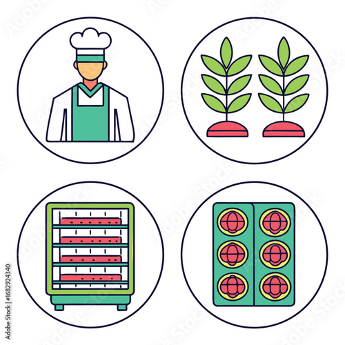 Vector illustration of Icons representing food production and preparation