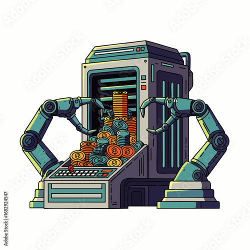 Retro-style robotic arms carefully depositing stacks of coins into a futuristic metallic container.