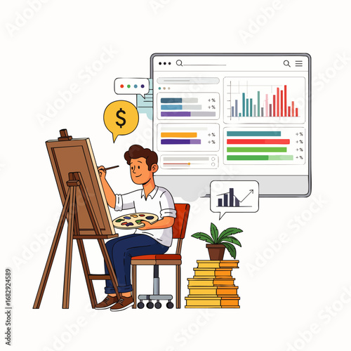 A young artist happily paints while reviewing sales data on his computer screen, showcasing the intersection of art and business.