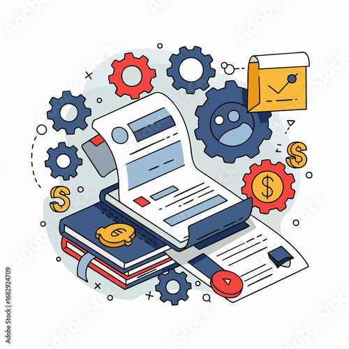 This engaging illustration visualizes complex business processes, financial management, and data analysis using gears, reports, and monetary symbols effectively.