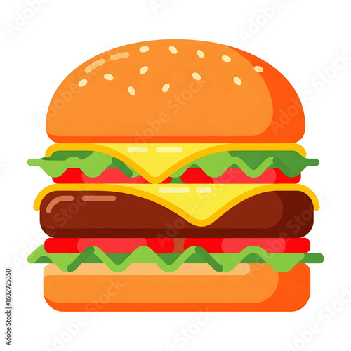 Illustration of a double cheeseburger with lettuce, tomato, and sesame seed bun.