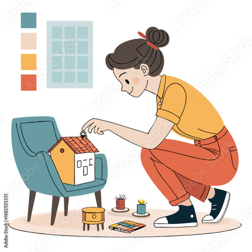 Woman putting a coin into a house shaped piggy bank saving money for a new home or real estate investment.