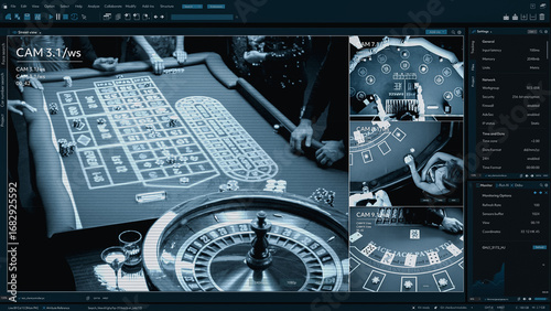 CCTV Footage Displays Casino Games. Main Screen Shows Roulette Table With Wheel and Betting Layout. Smaller Screens Reveal Blackjack and Poker Tables. Surveillance Software Template Split Screen