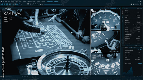 CCTV Security Displays Casino Gaming Tables. Main Screen Shows Blackjack Table With Cards and Chips. Smaller Screens Reveal Other Games. Surveillance Software Template Split Screen