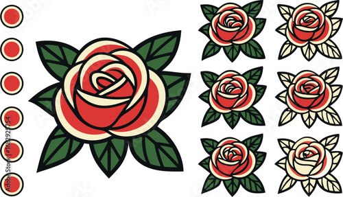 Traditional american tattoo style red rose with green leaves and small circular rose emblems