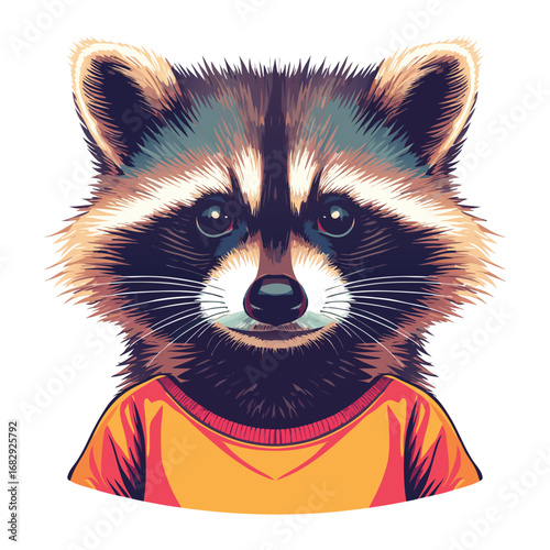 a detailed portrait of a raccoon, photorealistic, wearing a colorful shirt, intricate fur textures, detailed facial features, sharp focus, vibrant colors, digital art
