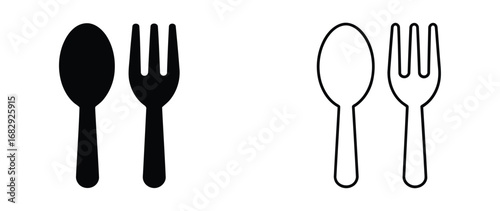 Spoon and Fork icon set in black and white stroke lines