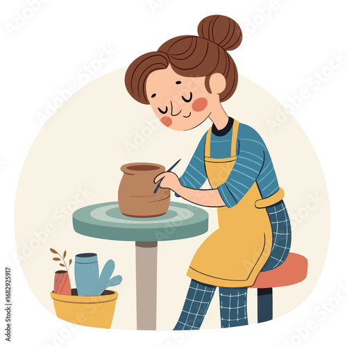Young woman artist creating handmade ceramic pot on pottery wheel.