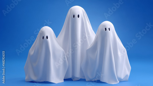 Three family members wearing white ghost Halloween costume standing together on blue background for festive fun