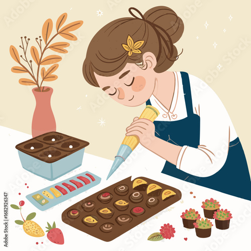 Young woman chocolatier decorating handmade chocolates with a piping bag.