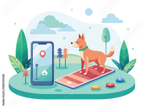 Playful puppy training with a smartphone app in a vibrant outdoor setting engaging in agility exercises
