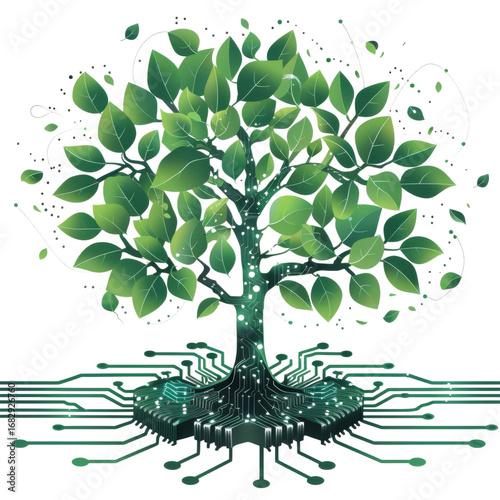 A vibrant green tree growing from a computer circuit board, symbolizing the fusion of nature and sustainable technology.