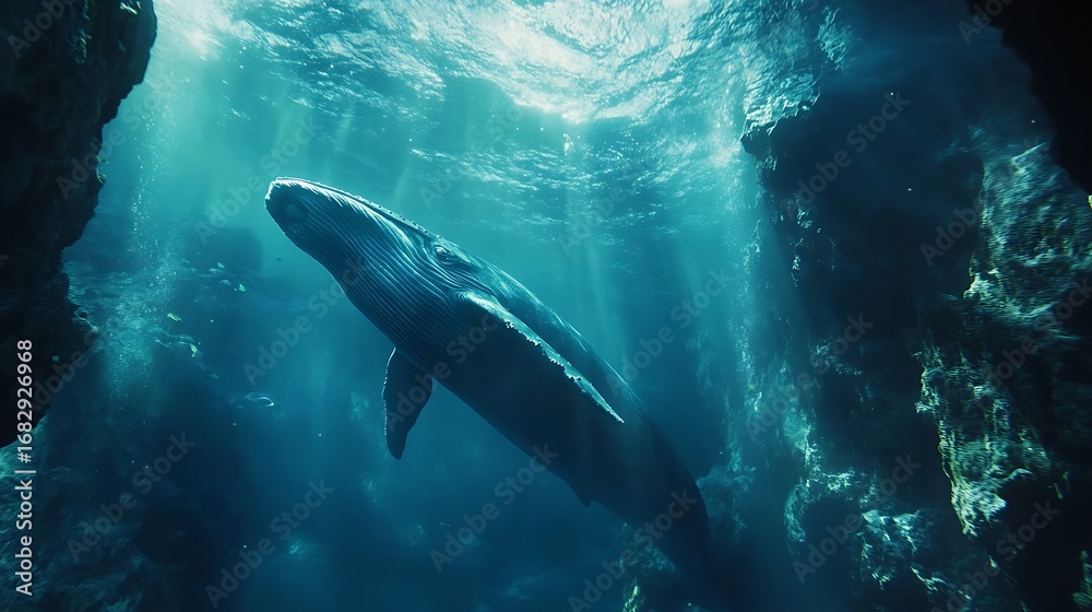 Naklejka premium Beautiful underwater whale glowing in shimmering ocean sunlight beams picture