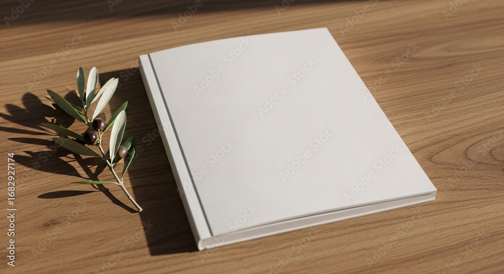 Fototapeta premium Blank white book on a wooden table with olive branch