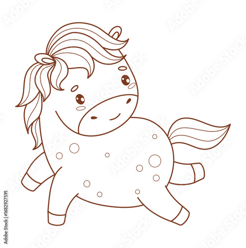 Outline Cute Little Charming Horse. Adorable Pony Kawaii Animal. Line drawing, coloring book. Vector illustration. Not AI