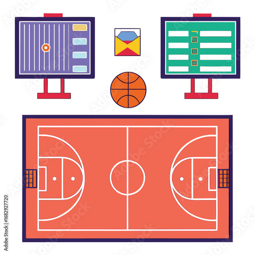 Vector illustration of Basketball Court and Scoreboards with Ball and Envelope Icon