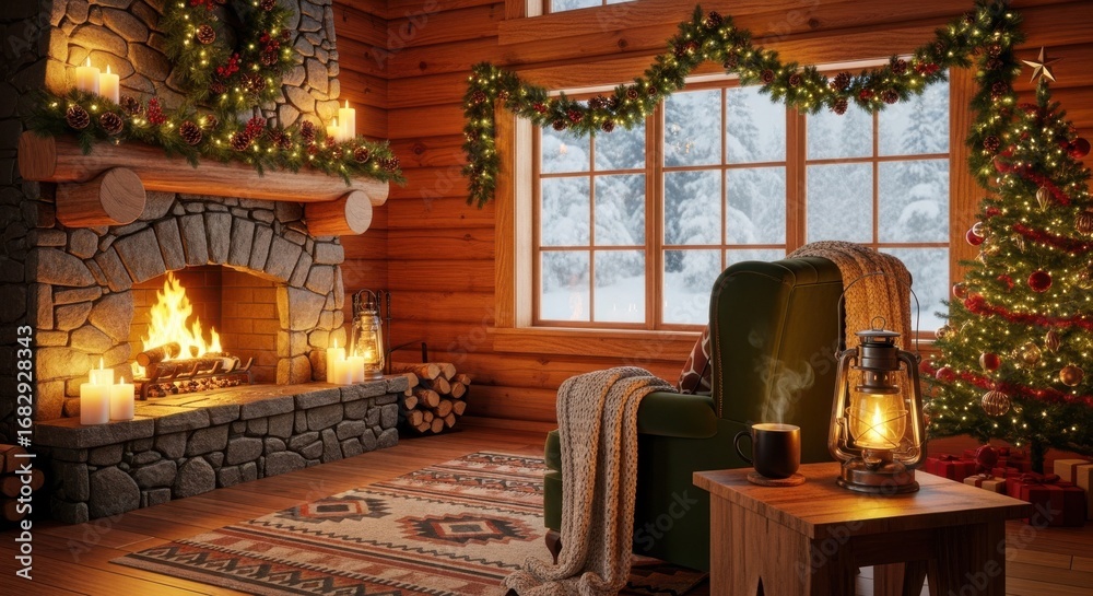 Obraz premium Cozy Christmas Cabin Living Room with Fireplace and Tree