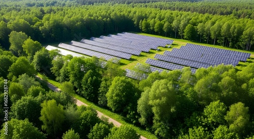 Solar Panels in a Lush Green Forest on a Clear Sunny Day