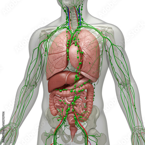Anatomical illustration of the human lymphatic system and internal organs isolated on transparent background
