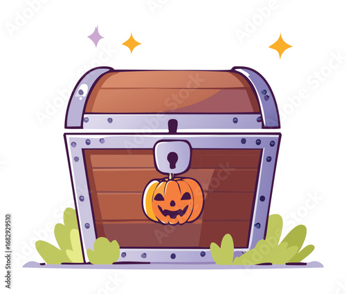 Wooden Treasure Chest with a Glowing Pumpkin Inside for Halloween Night Vector Cartoon Illustration