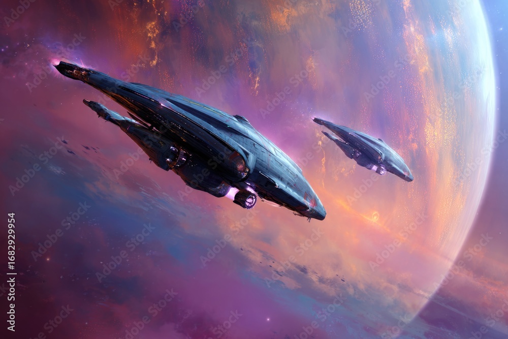 Fototapeta premium Two sleek starships docking in orbit around a colorful gas giant planet, vibrant cosmic background.