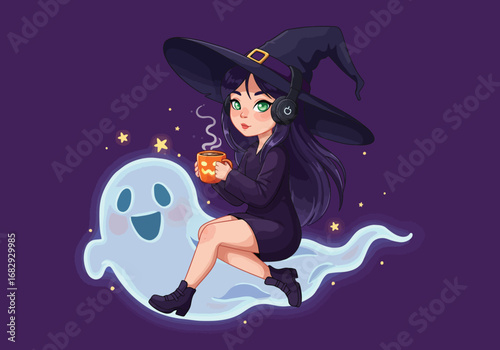 A charming cartoon witch with headphones, riding a friendly ghost while sipping from a pumpkin mug amidst glowing stars.
