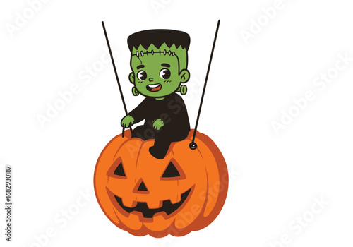 Adorable cartoon Frankenstein's monster character with green skin and neck bolts happily sitting atop a carved orange Halloween jack-o'-lantern.
