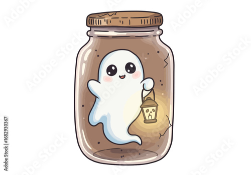 A charming cartoon ghost with big eyes holds a glowing lantern inside a rustic glass jar.