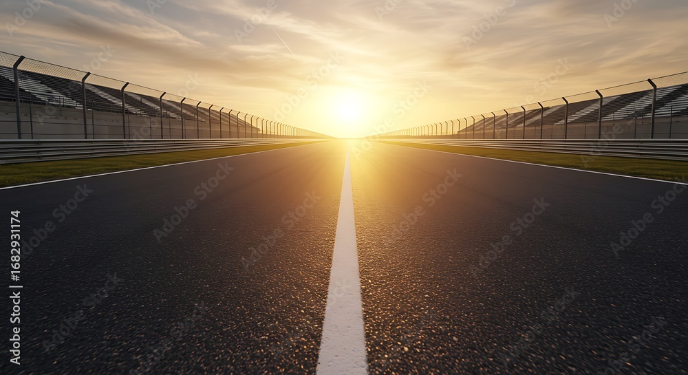 Naklejka premium Race Track Sunset: Golden Hour Asphalt and Dramatic Sky