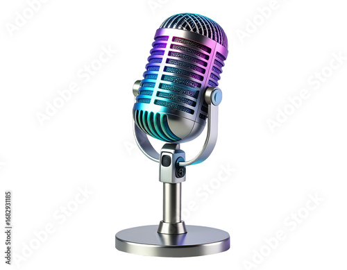 Retro Silver Microphone with Colorful Neon Light Reflection on Stand Isolated on Transparent
