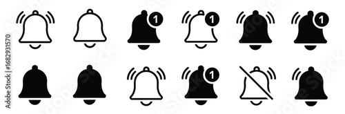 Bell reminder notification icon collection. Set of notification bell icon in different style. Notification app interface for chatting and messaging