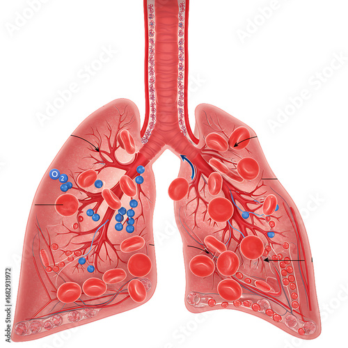 Anatomical illustration of human lungs with bronchi and alveoli isolated on transparent background