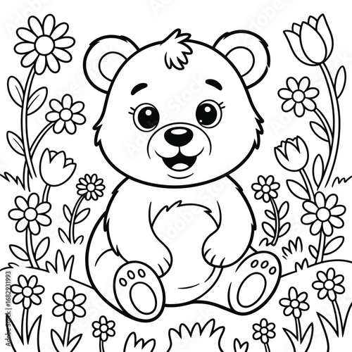 Adorable baby bear sitting among flowers coloring page illustration animal cartoon