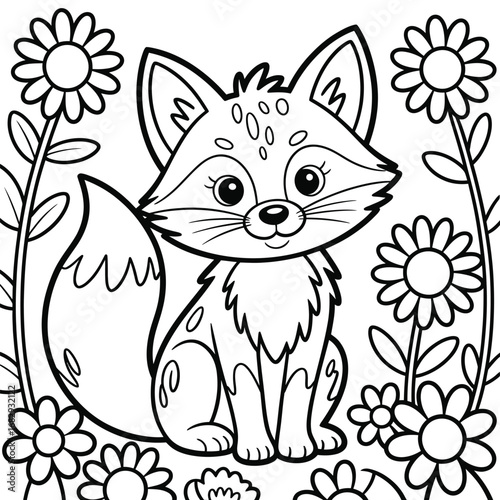 Adorable cartoon fox sitting amongst flowers coloring page vulpine animal