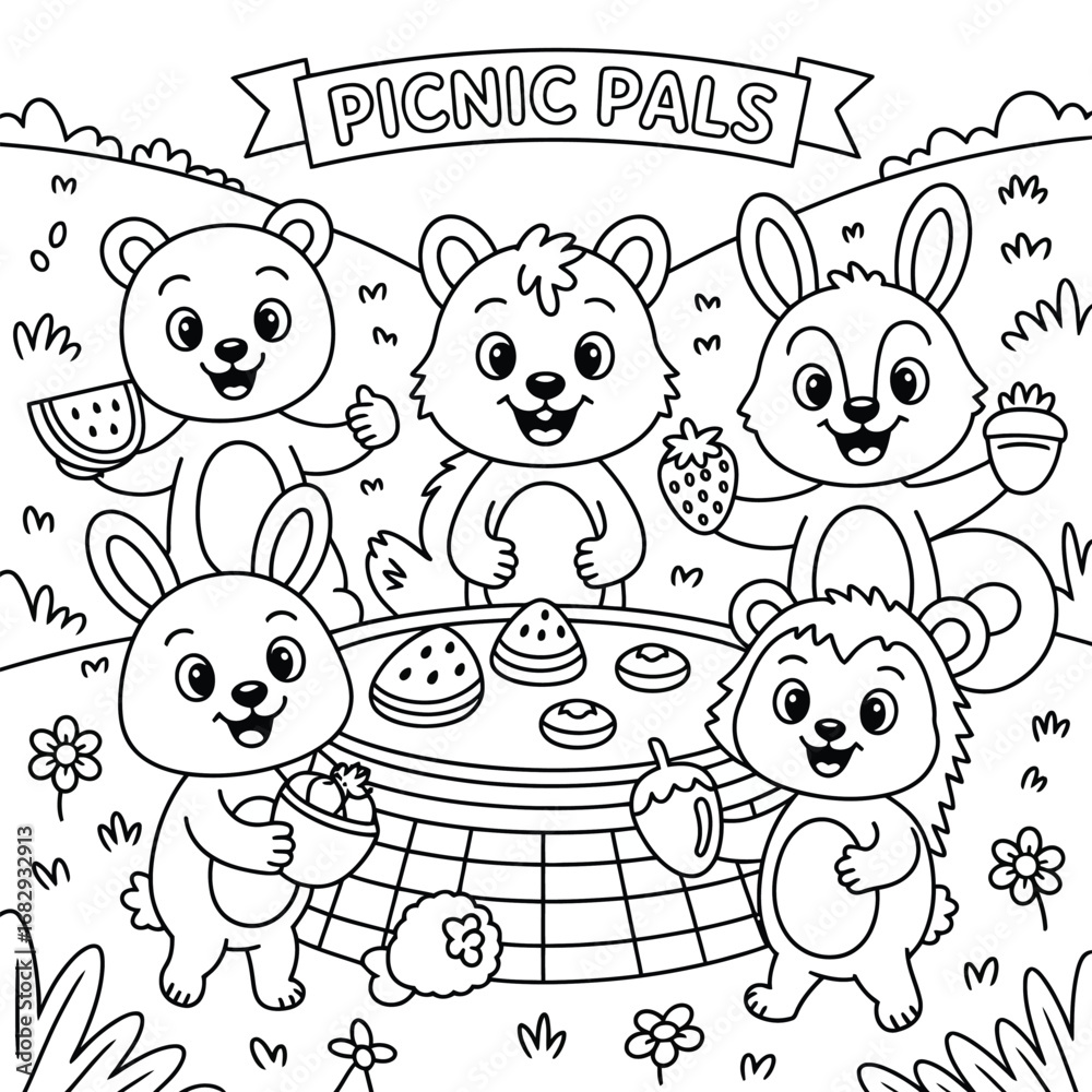 Fototapeta premium Adorable woodland animals enjoying a picnic together with food forest bear