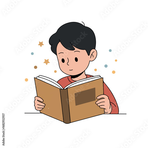 A young child is deeply engrossed in reading a captivating storybook, their imagination soaring, depicted as a serene 2D flat vector illustration on a clean white background.