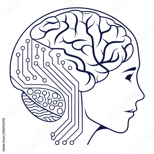 Brain with Neural Network and Circuits - Vector Line Art