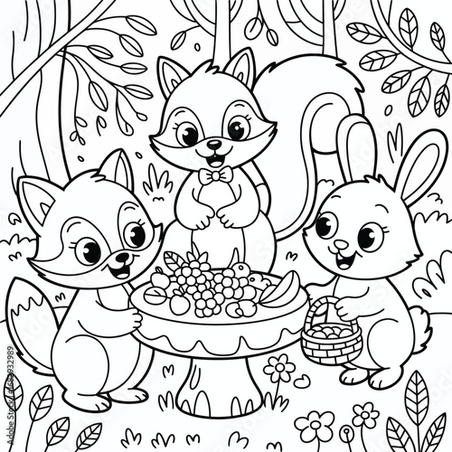 Animals having a picnic with fruit in a forest setting trees nature