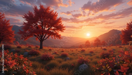 Autumn colorful background with golden sunset glow in 3D rendering design.